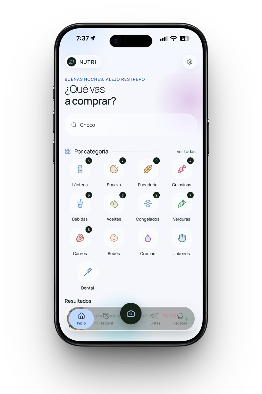 Pantalla de inicio de NUTRI con el buscador y las categorías de productos